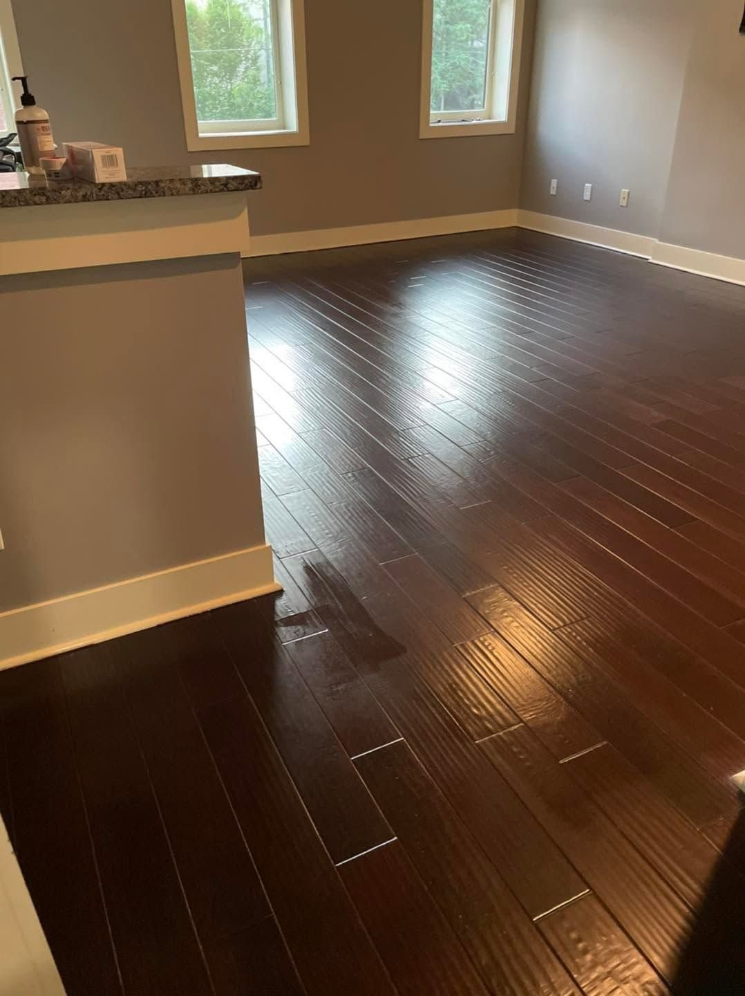 Cleaned dark hardwood floors in an empty room