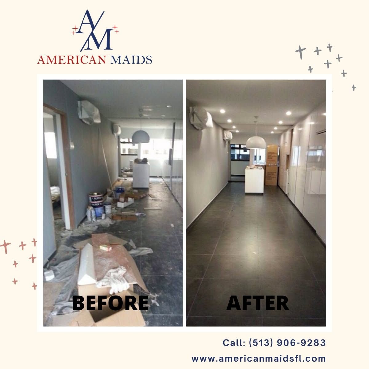 Before and after American Maids post-construction hallway cleaning