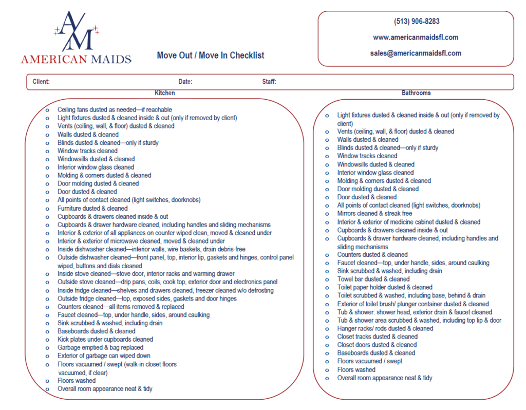 The official American Maids Cincinnati move out/move in cleaning checklist, detailing tasks for kitchen and bathroom areas.