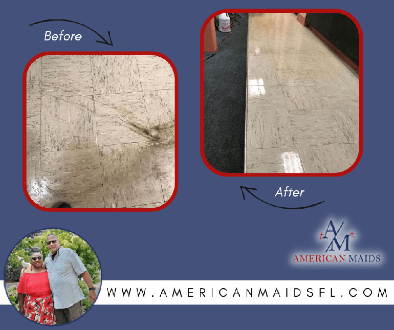 A before-and-after comparison of a floor stripping and waxing project in Mason, Ohio, showing a grimy, scuffed floor pre-service and a shining, clean floor post-service, with the American Maids & Floor Cleaning Specialist logo