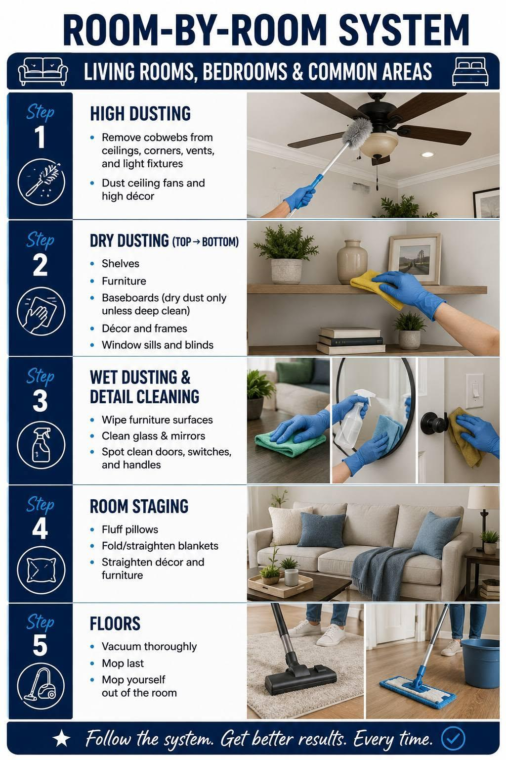 Room-by-room cleaning system: high dusting, dry dusting, wet dusting and detail cleaning, room staging, floors
